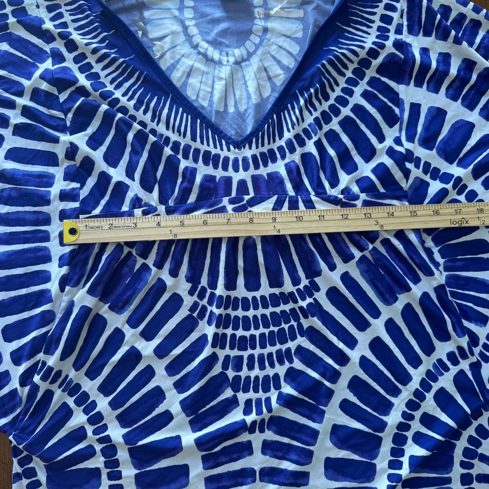 Trina Turk Blue White Geometric Tunic Mini Dress Kimono Sleeve Dashiki Print L - Picture 5 of 6